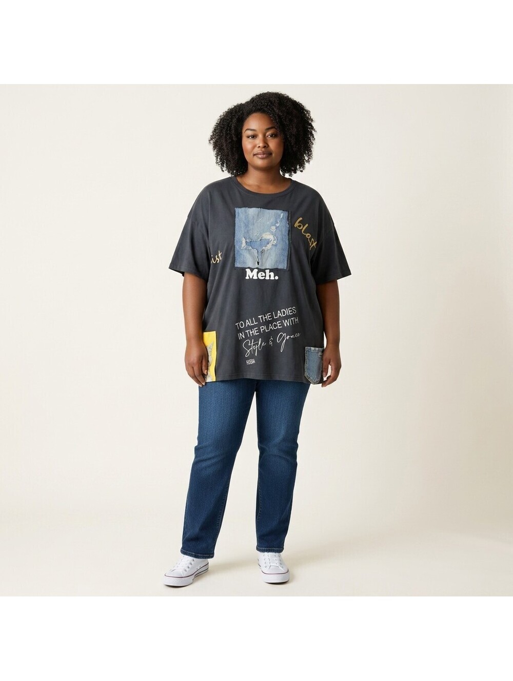 DOM T-Shirt Women 3XL Plus Black Graphic Print Short Sleeve Round Neck Cotton